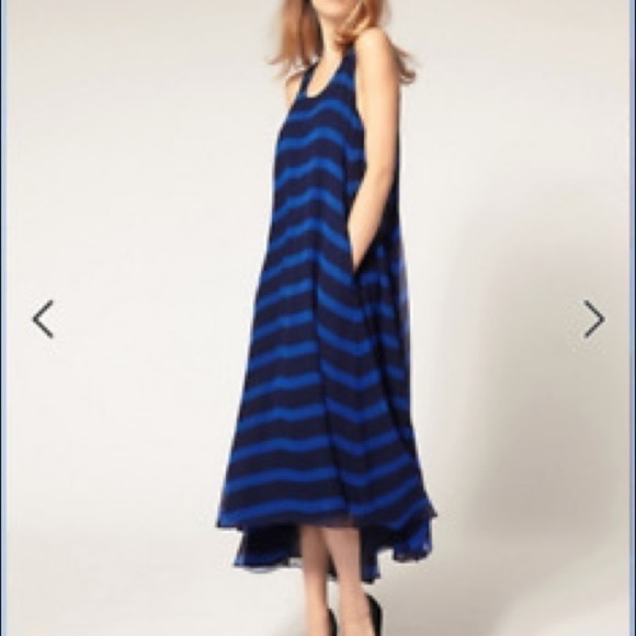 Halston Heritage Blue Striped Silk Dress Womens 4 Sleeveless